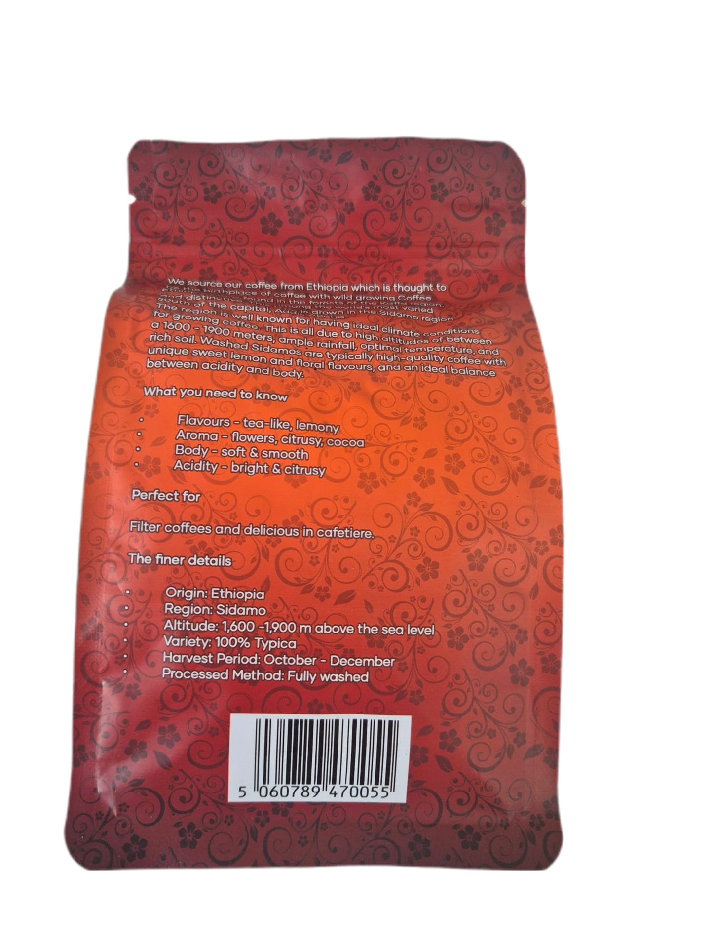 Ethiopian Sidamo Dark Roasted coffee Beans or ground 250gr / መካከለኛ-ጨለማ የተቆላ
