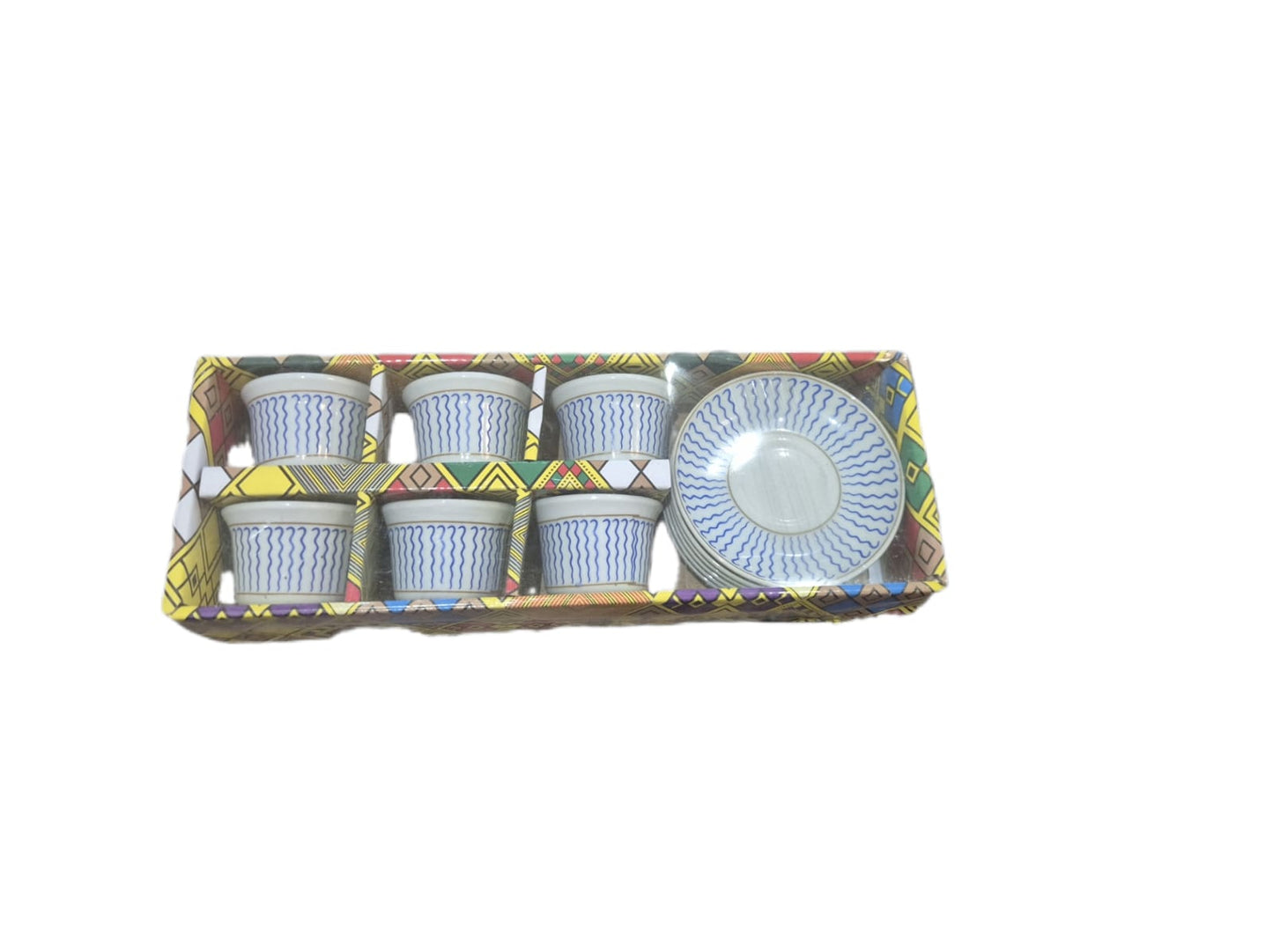 Traditional Ethiopian Coffee Cups 6 cups and saucers in blue ፊንጃል
