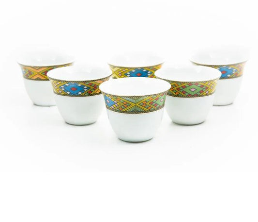 Traditional Ethiopian Coffee Cups 6 cups and saucers with traditional design ፊንጃል